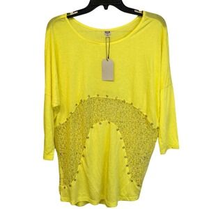 Unio Yellow‎ Lace Inset Studded Dolman Sleeve Tunic Top Crochet Detail Boho NEW